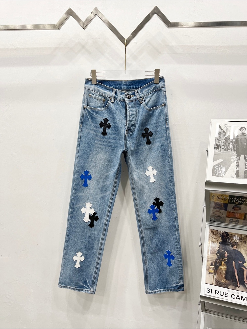 Chrome Hearts Light Blue Denim Jeans with Black, White & Blue Cross Accents